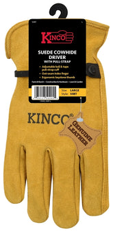 Kinco 50BT-L Driver Gloves, Men's, L, Keystone Thumb, Ball and Tape Cuff, Suede Cowhide Leather, Gold